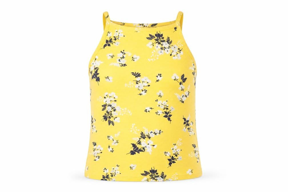 Front view of New Look women’s yellow floral cotton basic tank, size UK 12, square neck
