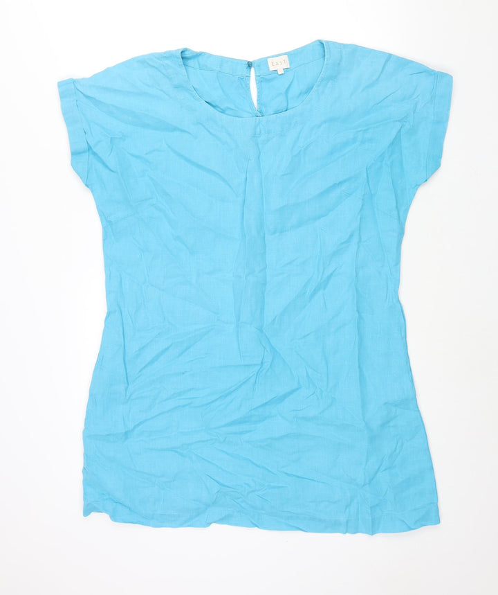 EAST Womens Blue Linen Shift Size 14 Round Neck Button