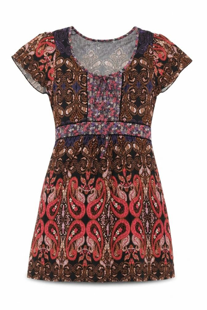 Front view of Wallis women’s multicoloured geometric viscose a-line, size UK 12, scoop neck pullover - belted