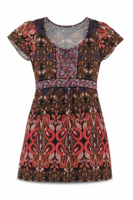 Front view of Wallis women’s multicoloured geometric viscose a-line, size UK 12, scoop neck pullover - belted