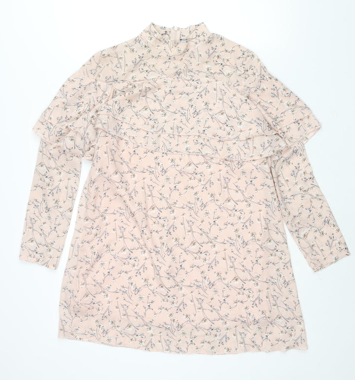 Glamorous Womens Pink Floral Polyester Shift Size 12 Mock Neck Zip - Frill