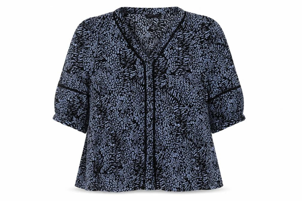 Marks and Spencer Womens Blue Animal Print Polyester Basic Blouse Size 18 V-Neck - Lace Detail Leopard Tiger Print