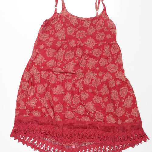 Indigo Womens Red Geometric Modal Shift Size 16 Scoop Neck Pullover - Lace Hem Smocked