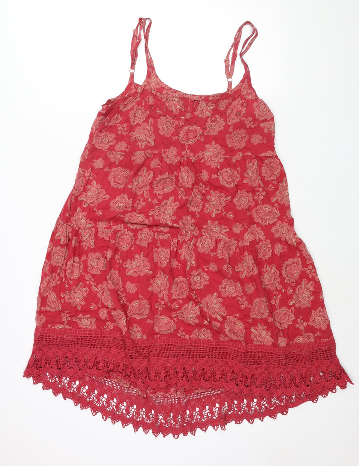 Indigo Womens Red Geometric Modal Shift Size 16 Scoop Neck Pullover - Lace Hem Smocked