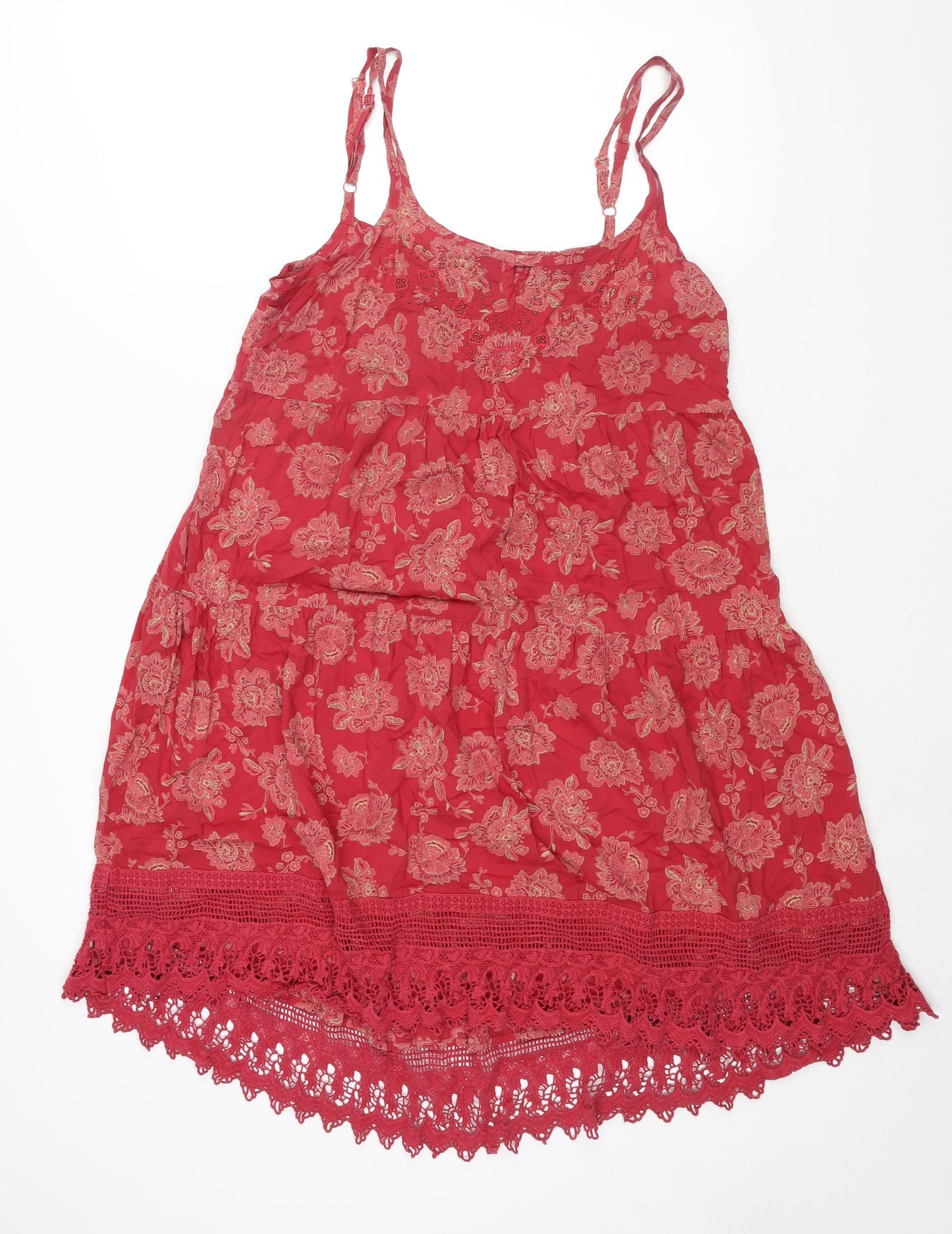 Indigo Womens Red Geometric Modal Shift Size 16 Scoop Neck Pullover - Lace Hem Smocked