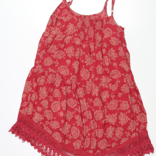 Indigo Womens Red Geometric Modal Shift Size 16 Scoop Neck Pullover - Lace Hem Smocked