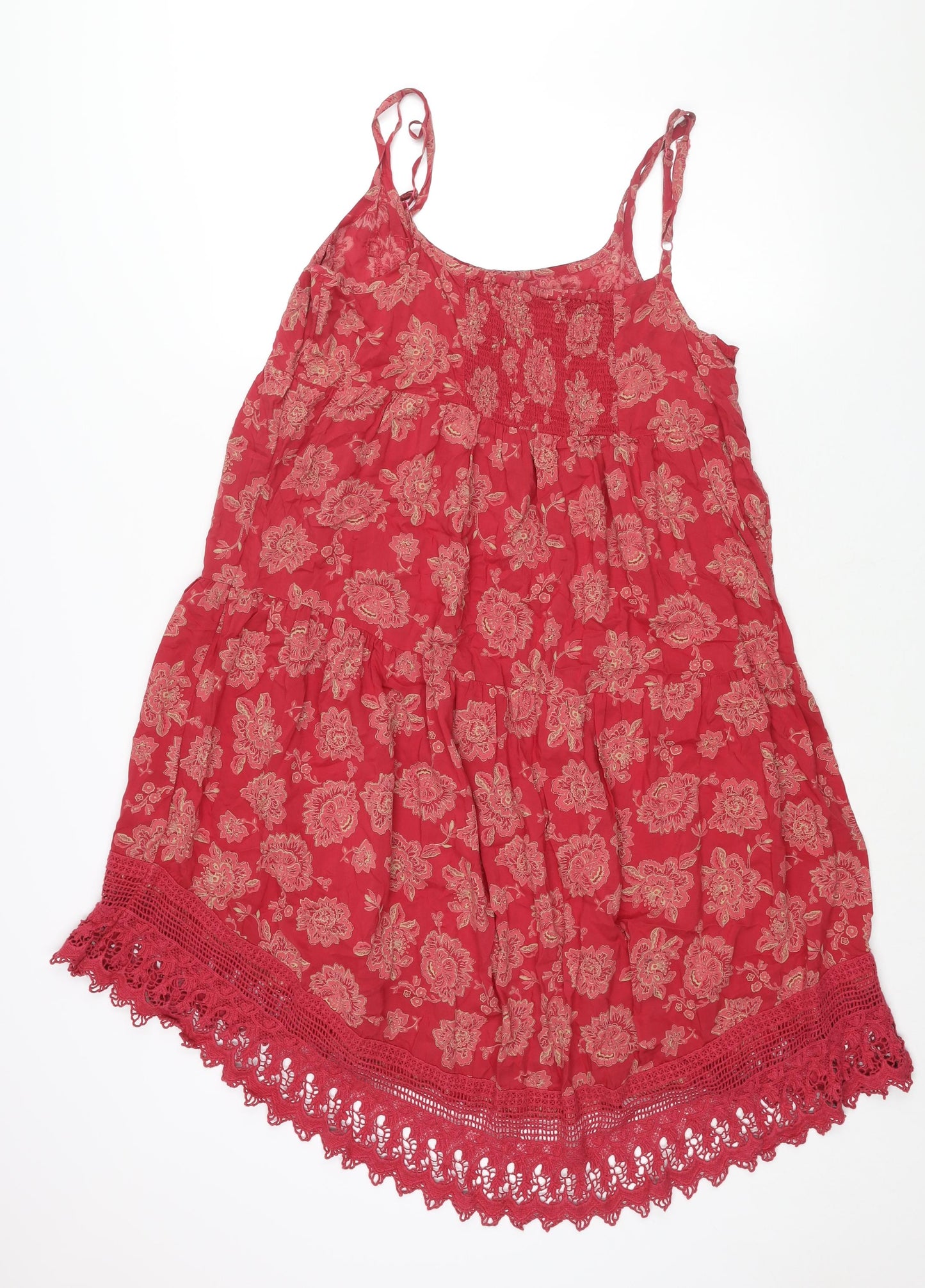 Indigo Womens Red Geometric Modal Shift Size 16 Scoop Neck Pullover - Lace Hem Smocked