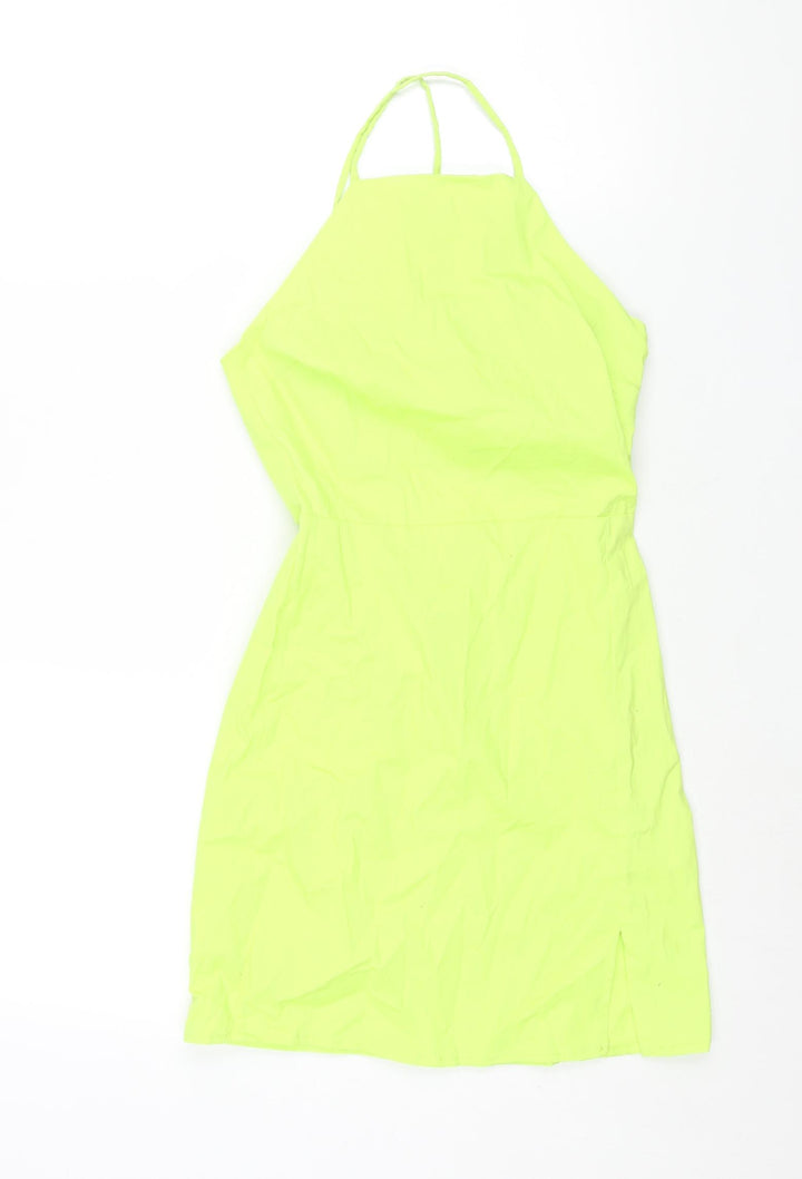 Bershka Womens Green Polyester Mini Size XS Square Neck Zip - Back Cut Out Front Slit Neon