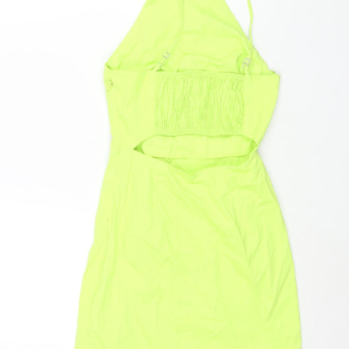 Bershka Womens Green Polyester Mini Size XS Square Neck Zip - Back Cut Out Front Slit Neon