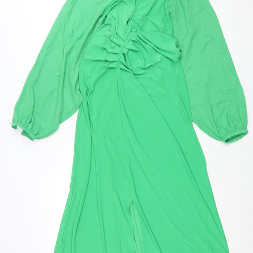 NEXT Womens Green Polyester Shift Size 12 Collared Snap - Front Slit Rouched