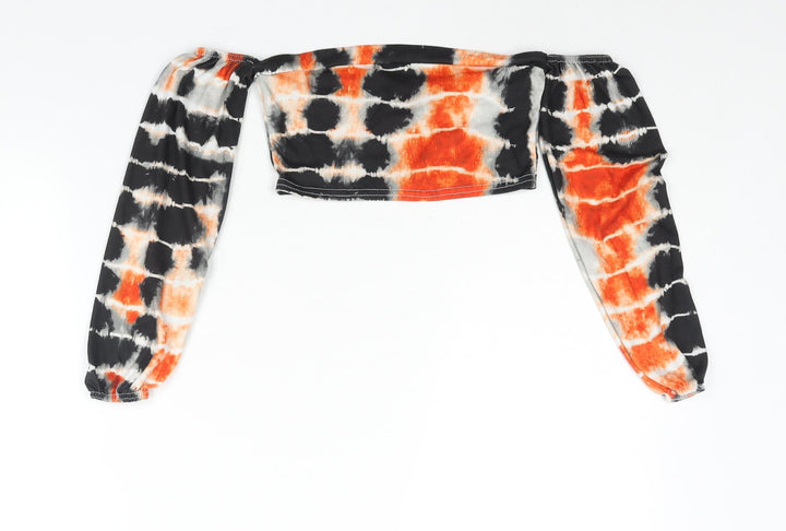 PRETTYLITTLETHING Womens Multicoloured Geometric Viscose Cropped Blouse Size 8 Off the Shoulder - Tie Dye