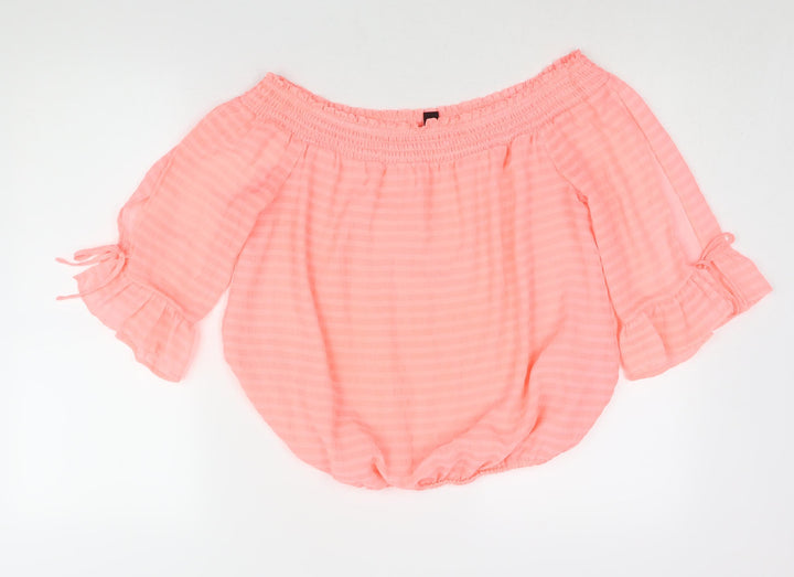 New Look Womens Pink Polyester Basic Blouse Size 10 Off the Shoulder - Frill Tie Neon
