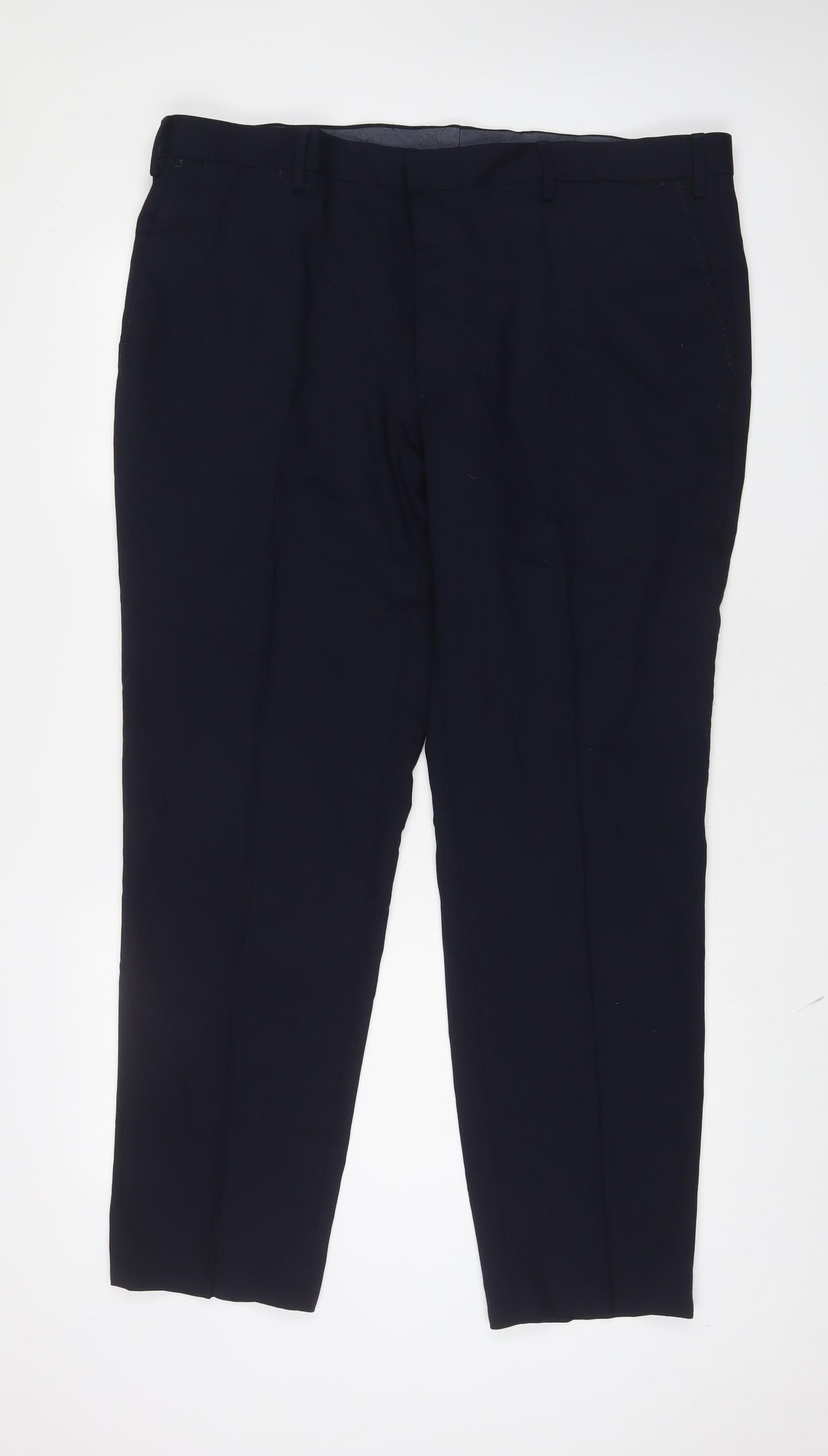 Marks and Spencer Mens Blue Wool Trousers Size 42 in L31 in Regular Hook & Eye