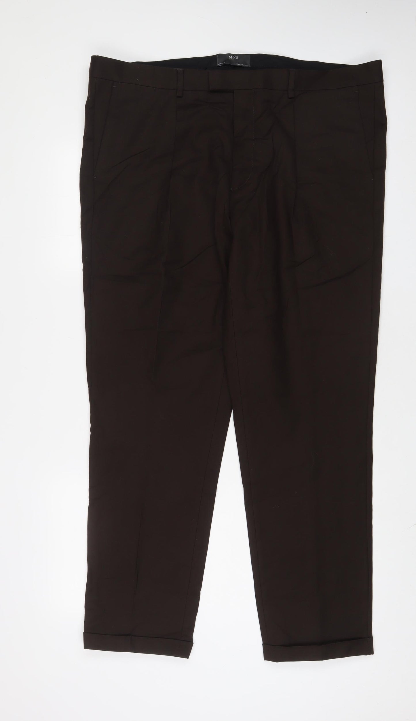 Marks and Spencer Mens Brown Cotton Trousers Size 42 in L31 in Regular Hook & Eye