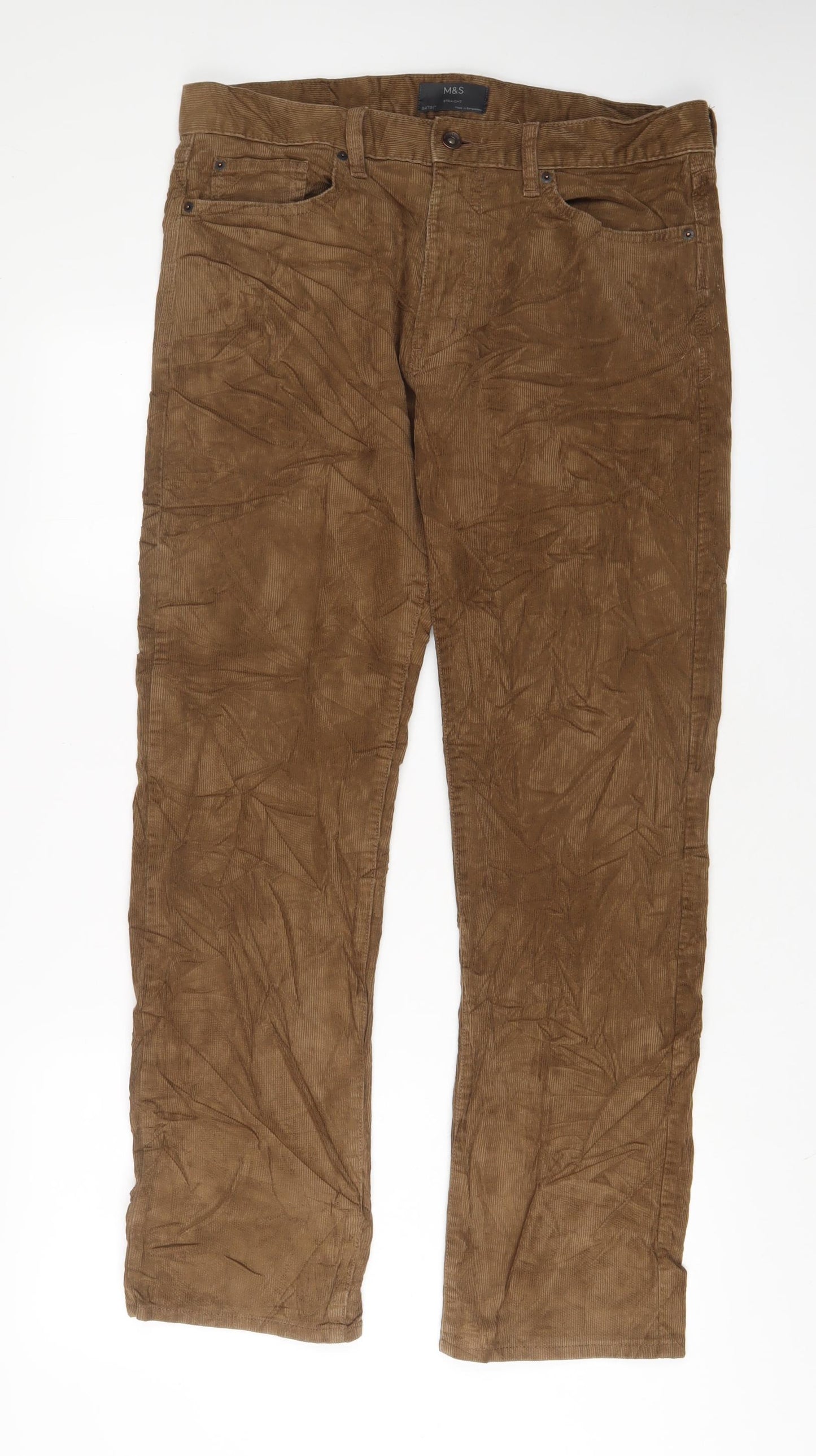 Marks and Spencer Mens Brown Cotton Trousers Size 34 in L31 in Regular Zip