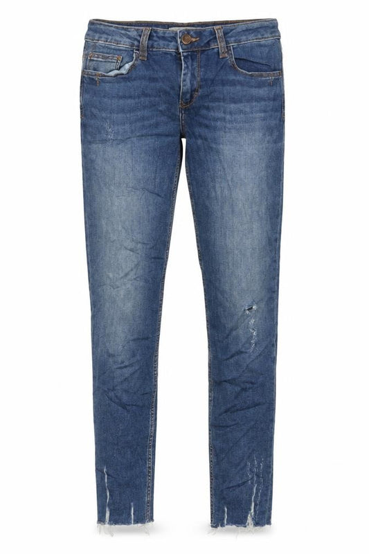Front view of Zara women’s blue cotton skinny jeans, size UK 10, 27-inch leg regular zip