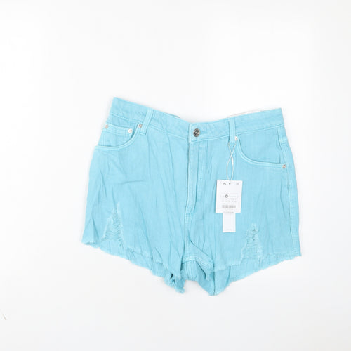 Bershka Womens Blue Cotton Basic Shorts Size 8 L3 in Regular Zip