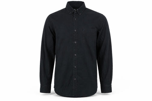 Front view of Topman men’s black cotton button-up, size S, collared button