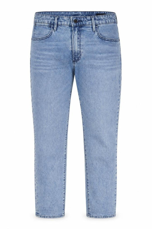 Front view of Bonobos men’s blue cotton straight jeans, size 34, in, 30-inch leg regular zip