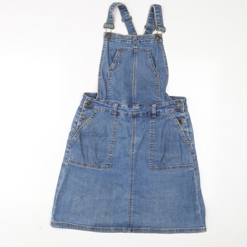 TU Womens Blue Cotton Pinafore/Dungaree Dress Size 10 Square Neck Button