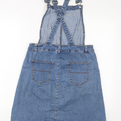 TU Womens Blue Cotton Pinafore/Dungaree Dress Size 10 Square Neck Button