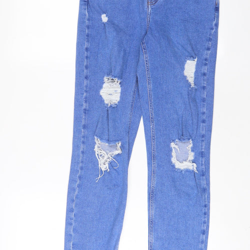 New Look Girls Blue Cotton Straight Jeans Size 14 Years L28 in Regular Zip - Distressed, Mom Style
