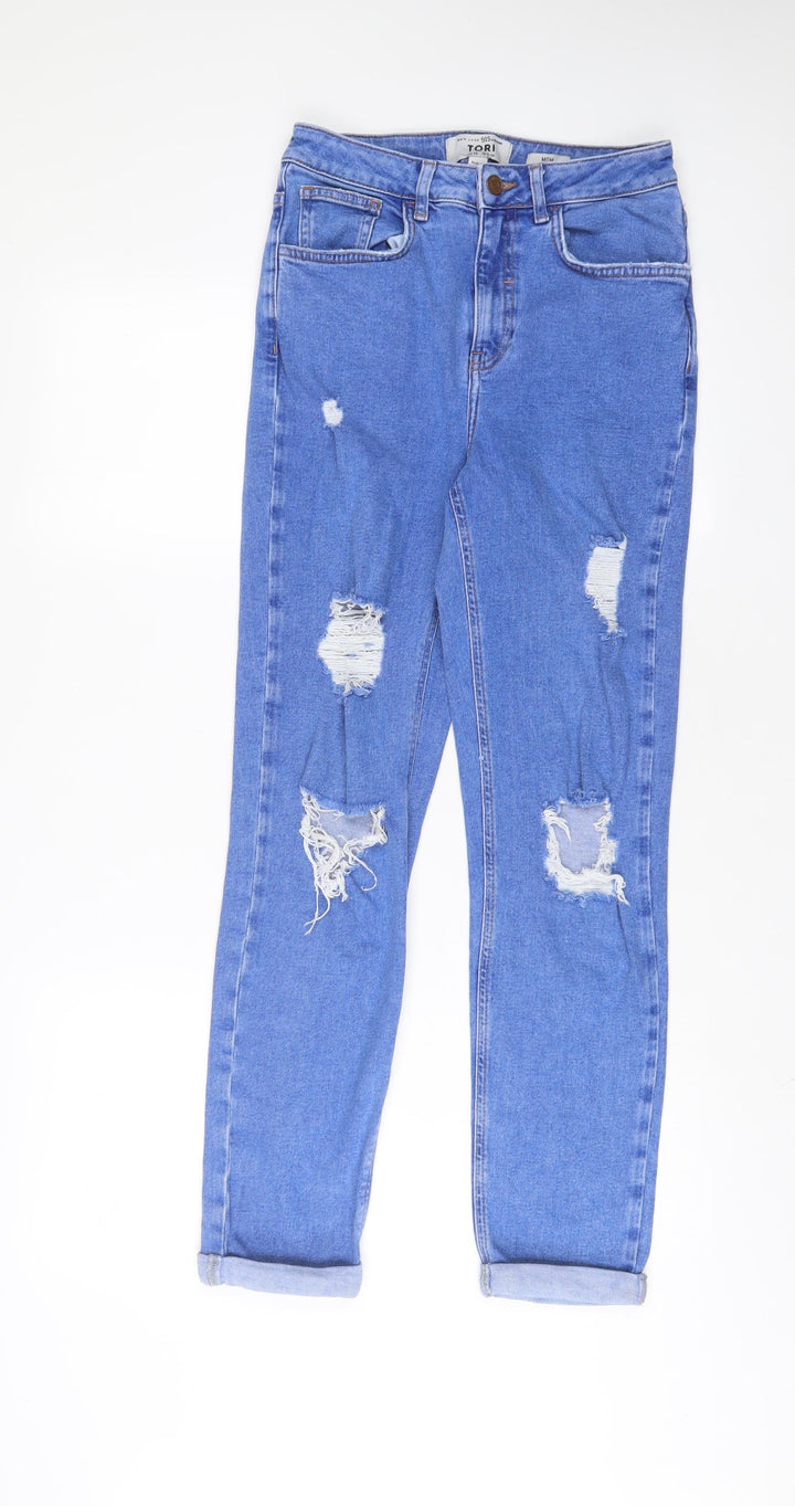 New Look Girls Blue Cotton Straight Jeans Size 14 Years L28 in Regular Zip - Distressed, Mom Style