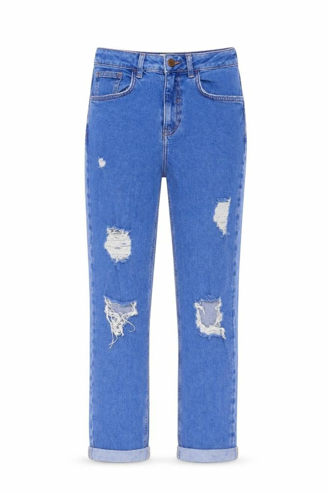 New Look Girls Blue Cotton Straight Jeans Size 14 Years L28 in Regular Zip - Distressed, Mom Style