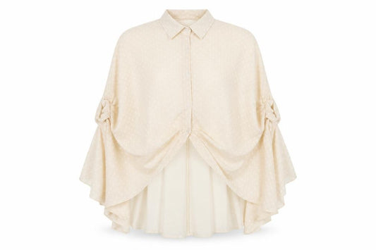 Front view of Boohoo women’s beige polka dot polyester basic button-up, size UK 10, collared