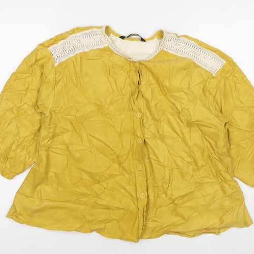 Zara Womens Yellow Cotton Basic Button-Up Size L Round Neck