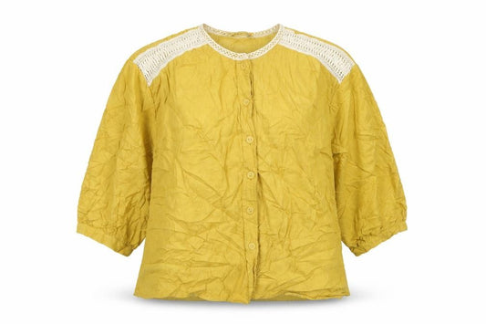 Front view of Zara women’s yellow cotton basic button-up, size L, round neck