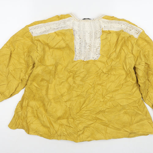 Zara Womens Yellow Cotton Basic Button-Up Size L Round Neck