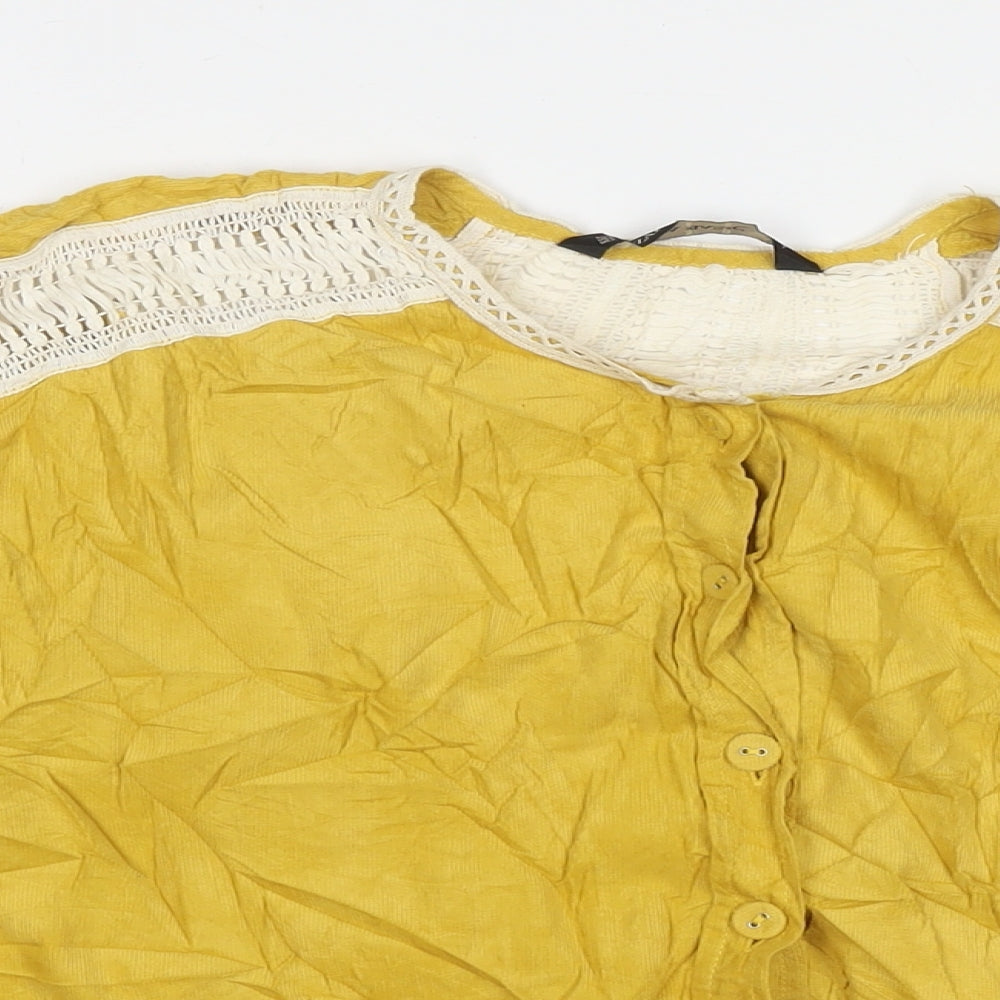 Zara Womens Yellow Cotton Basic Button-Up Size L Round Neck