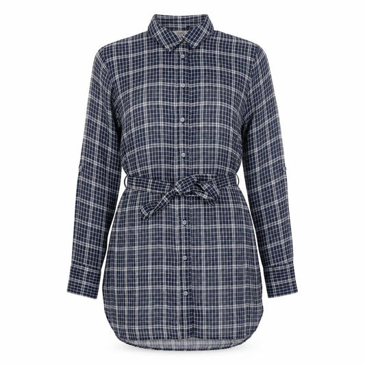 Front view of Next women’s blue check polyester tunic button-up, size UK 8, collared