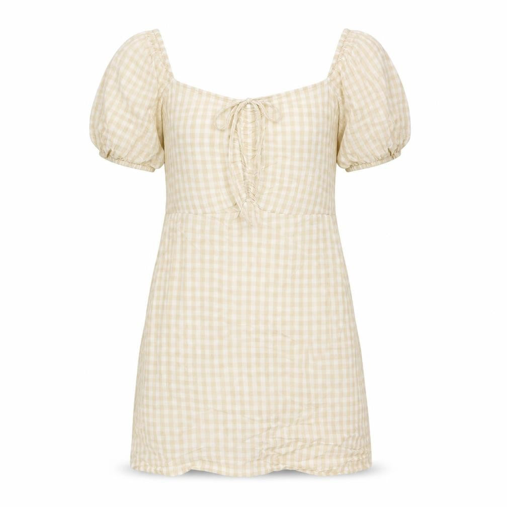 Front view of H&M women’s beige cotton t-shirt dress, size M, square neck pullover