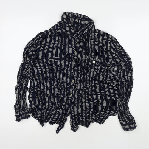 Made in U.K. Womens Blue Striped Viscose Basic Button-Up Size 16 Collared