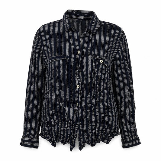 Front view of Made in U.K. women’s blue striped viscose basic button-up, size UK 16, collared