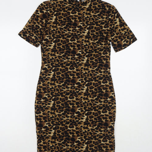 Blue Vanilla Womens Beige Animal Print Polyester Bodycon Size 8 Round Neck Button - Leopard Print