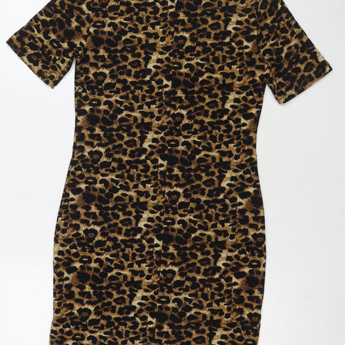 Blue Vanilla Womens Beige Animal Print Polyester Bodycon Size 8 Round Neck Button - Leopard Print