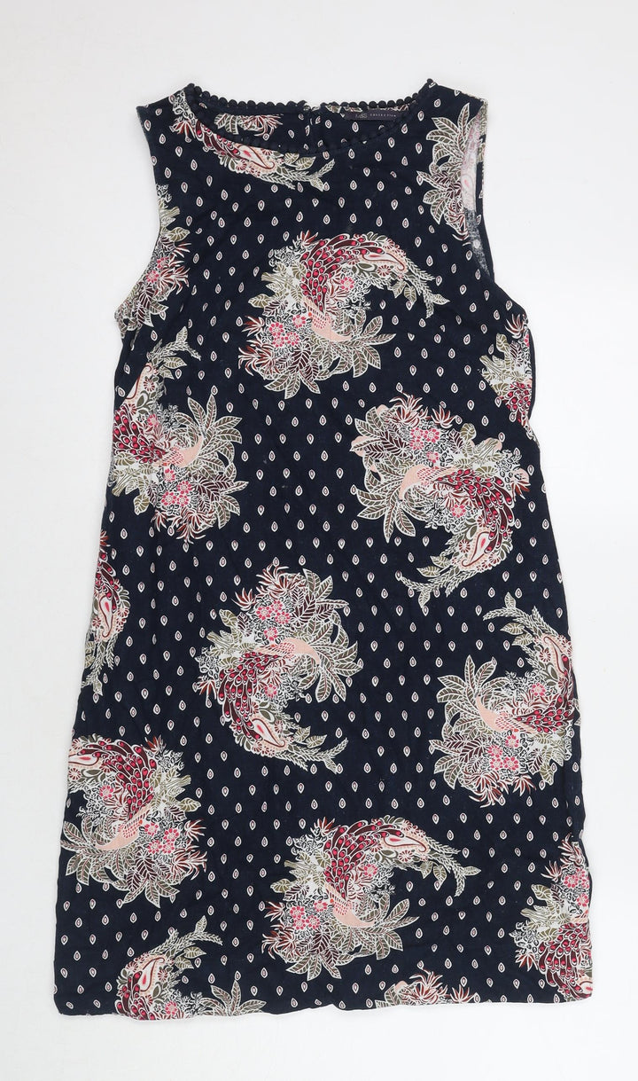 Marks and Spencer Womens Blue Floral Linen A-Line Size 10 Round Neck Zip
