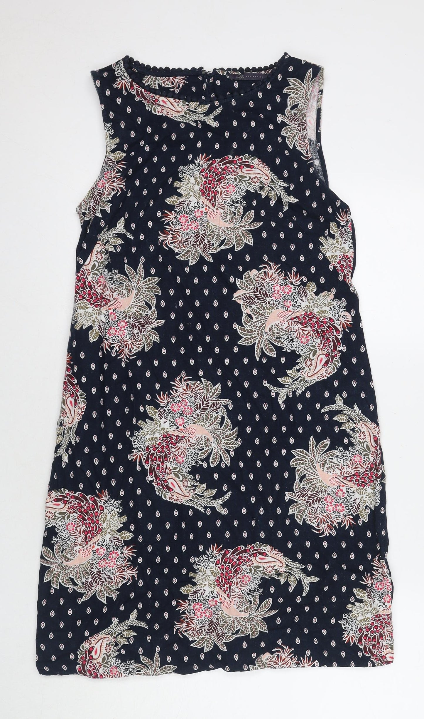 Marks and Spencer Womens Blue Floral Linen A-Line Size 10 Round Neck Zip