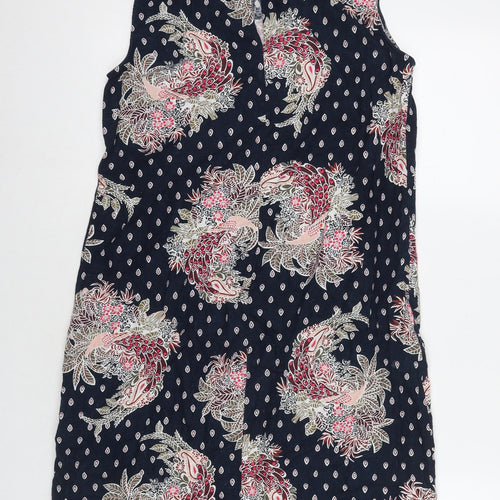 Marks and Spencer Womens Blue Floral Linen A-Line Size 10 Round Neck Zip