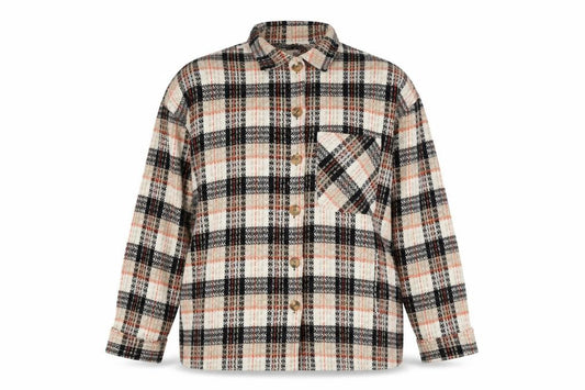 Front view of Moda women’s beige check jacket, size 2XL, button