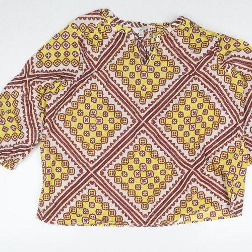 Marks and Spencer Womens Yellow Geometric Cotton Basic Blouse Size 16 V-Neck