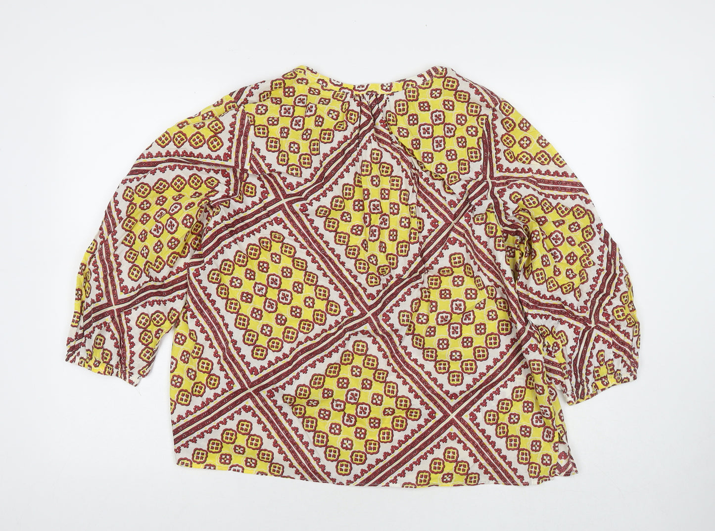 Marks and Spencer Womens Yellow Geometric Cotton Basic Blouse Size 16 V-Neck