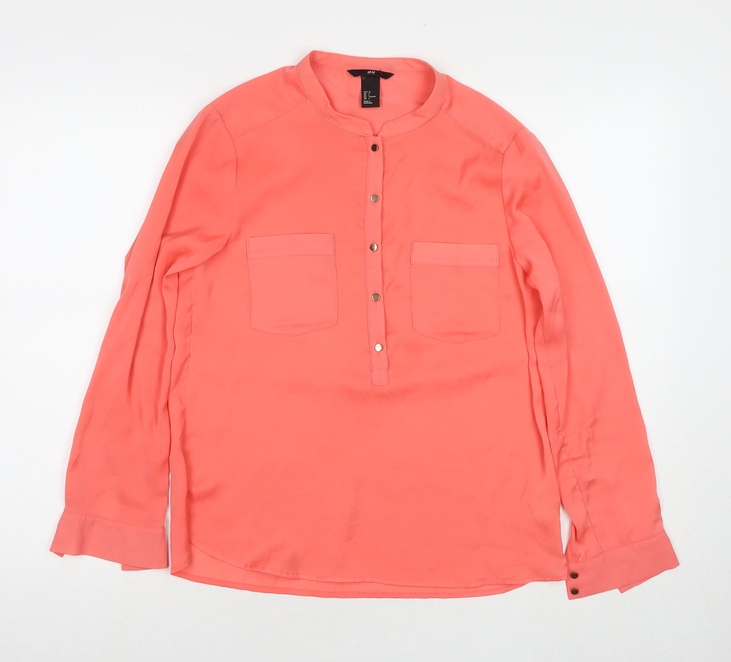 H&M Womens Pink Polyester Basic Button-Up Size 10 Round Neck