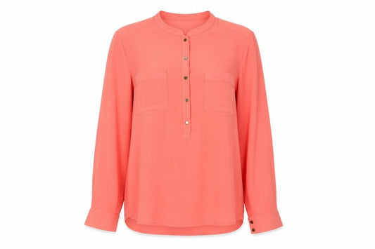 Front view of H&M women’s pink polyester basic button-up, size UK 10, round neck