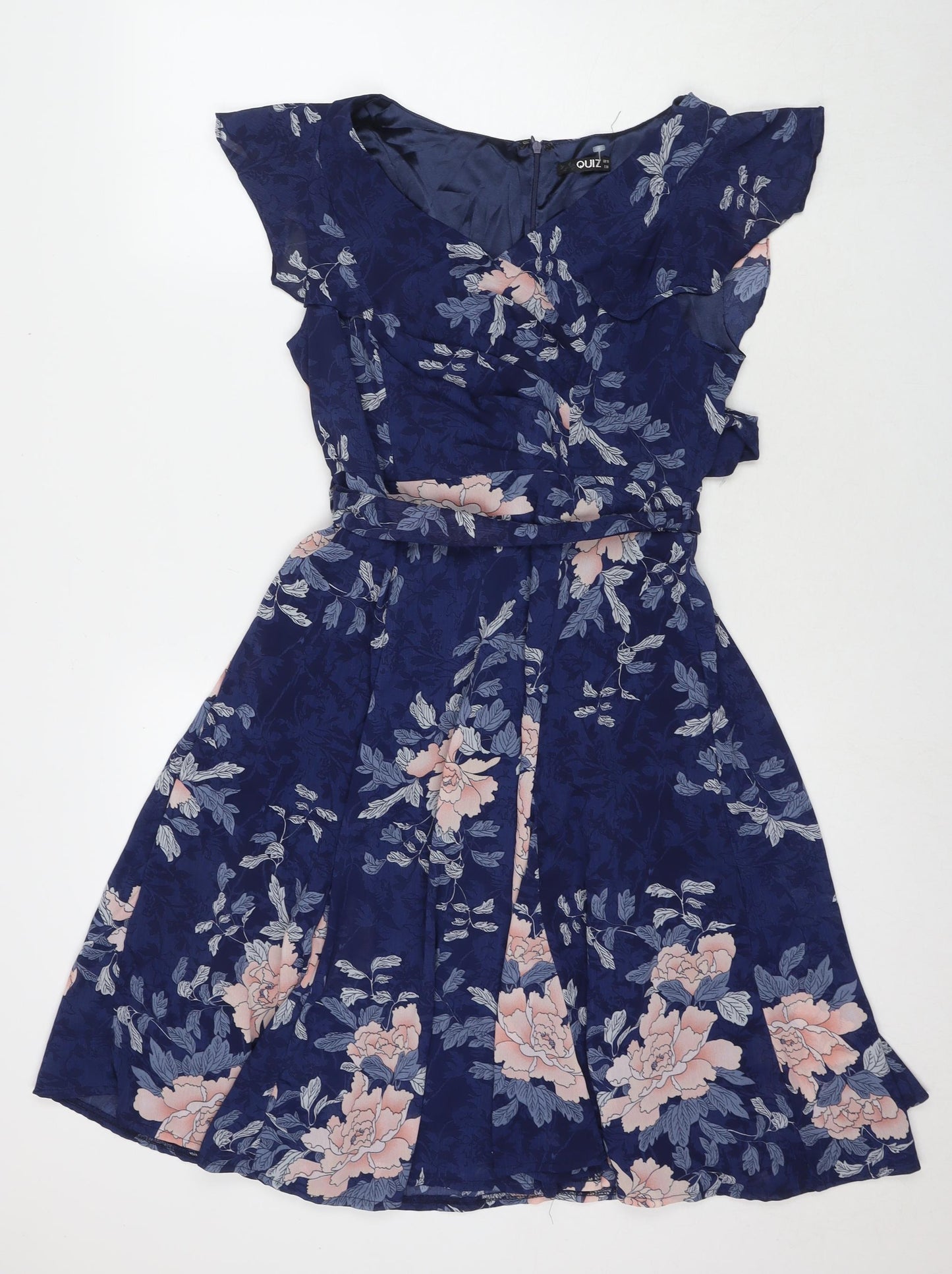 Quiz Womens Blue Floral Polyester Fit & Flare Size 10 V-Neck Zip