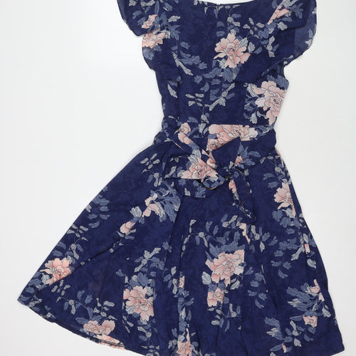 Quiz Womens Blue Floral Polyester Fit & Flare Size 10 V-Neck Zip
