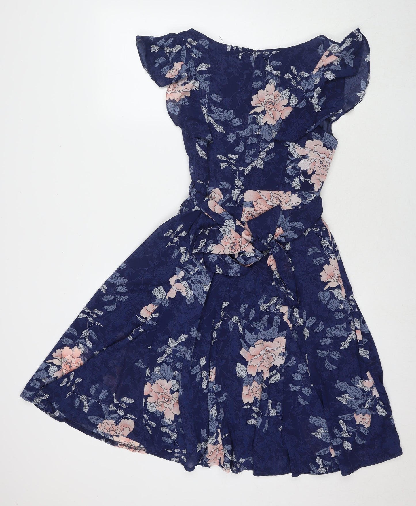 Quiz Womens Blue Floral Polyester Fit & Flare Size 10 V-Neck Zip